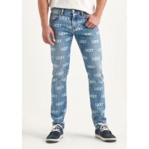 LUCKY BRAND Men's "Totally Lucky" BLUE JEANS LOGO PRINT 110 SKINNY Fit Sz 29